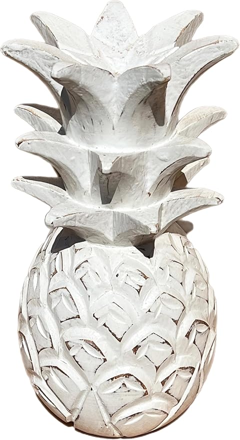 9 1/2" Solid Wood Pineapple Decor - Tabletop Bar Counter Decorative Tropical Art Display Sculpture - White Distressed Finish