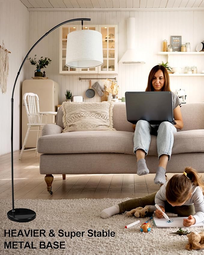 Lightdot Arc Floor Lamps for Living Room, Modern Standing Lamp with Hanging Drum Shade, Tall Standing Floor Lamp with Foot Switch, Over Couch Arched Reading Light for Bedroom, Office (Black)