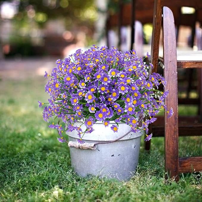 8 Bundles Artificial Daisies Flowers Outdoor UV Resistant Fake Foliage Greenery Faux Plants Shrubs Plastic Bushes for Window Box Hanging Planter Farmhouse Indoor Outside Decor(Purple)