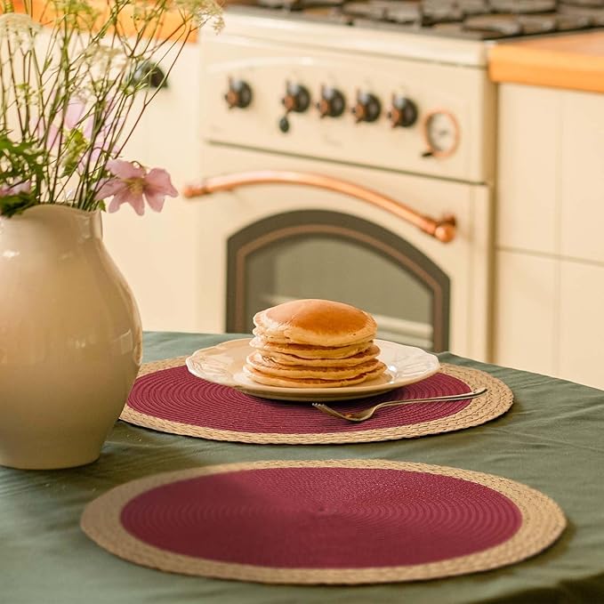 Noctiflorous Round Braided Placemats Set of 8 Table Mats 15 Inches Washable Heat Resistant for Dining Table Non-Slip Indoor Outdoor Place Mats for Thanksgiving Christmas Easter(Red Wide Edge 8)