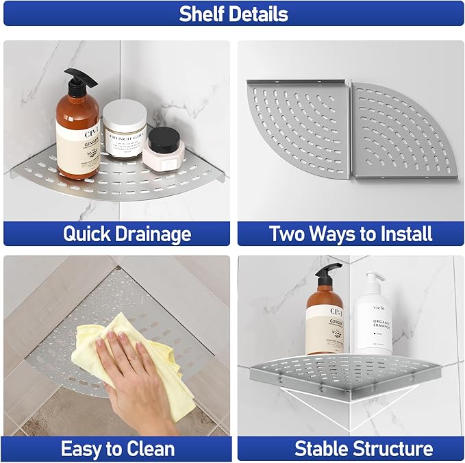 2 Pack Corner Shower Shelves 304 Stainless Steel Shower Corner Shelf Brushed Nickel Bathroom 8 in Prevent Rust Drilling Installation
