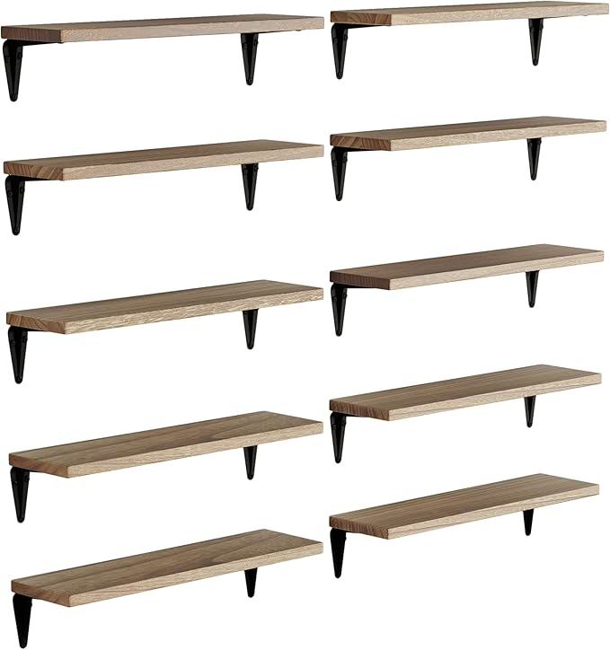 Wallniture Arras Wood Floating Shelves for Wall Storage, Small Bookshelf Set of 10, Hanging Book Shelves for Living Room, Bedroom, Office, Burned Finish
