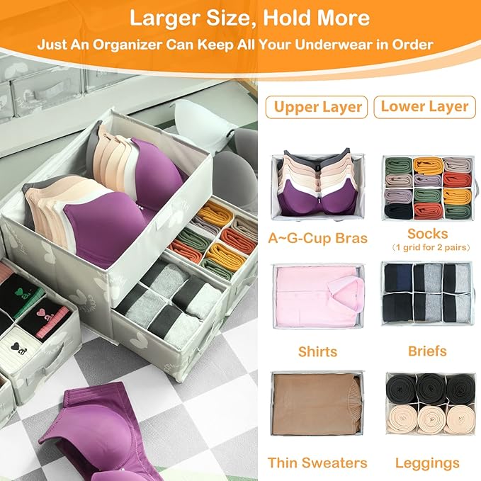 Sock Underwear Drawer Divider - Closet Organizers and Dresser Organizer Wardrobe Clothes Box Storage Bins with Lid for Bra, Leggings, Shirt, Panty (1 Pack, Grey)