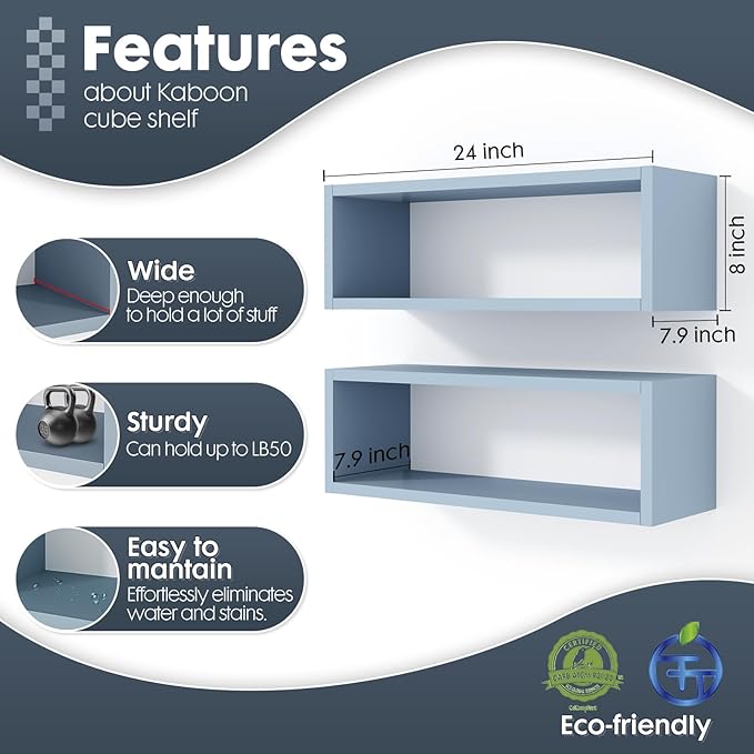 Kaboon 24in Floating Cube Shelves Set of 2, Display Shelves Wall Mount, Decorative Hanging Shelves for Kitchen Living Room Office,(Grayish Blue, Rectangle 2 Cubes)