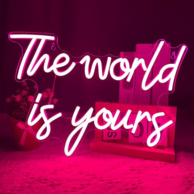 The World is Yours Neon Sign, Dimmable Word Lights for Wall Decor, Pink LED Neon Signs, World Neon Light up Sign for Bedroom Office Graduation Party Girl Room Birthday Present Engagement Valentine