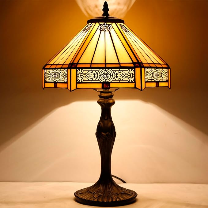 WERFACTORY Tiffany Lamp Yellow Hexagon Stained Glass Mission Style Table Lamp Desk Bedside Reading Light 12X10X18 Inches Decor Bedroom Living Room Home Office S011 Series