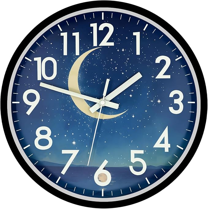 JoFomp Glow in The Dark Wall Clocks Battery Operated, 12 Inch Blue Moon Silent Wall Clock Non Ticking, LED Sound Control Light Up Wall Clock for Bedroom, Night Light Wall Clocks for Living Room Decor