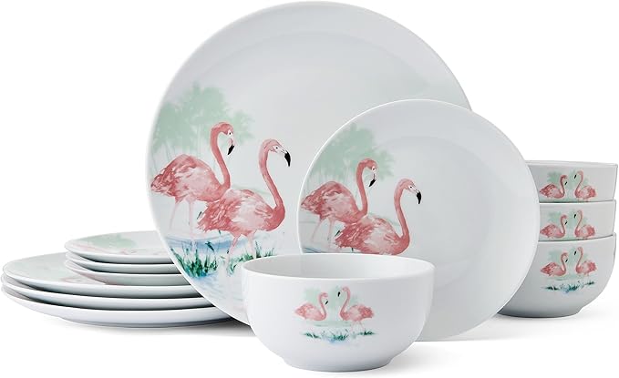Studio Nova Flamingo Haven Tropical 12 Piece Dinnerware Plate Bowl Set, Service for 4