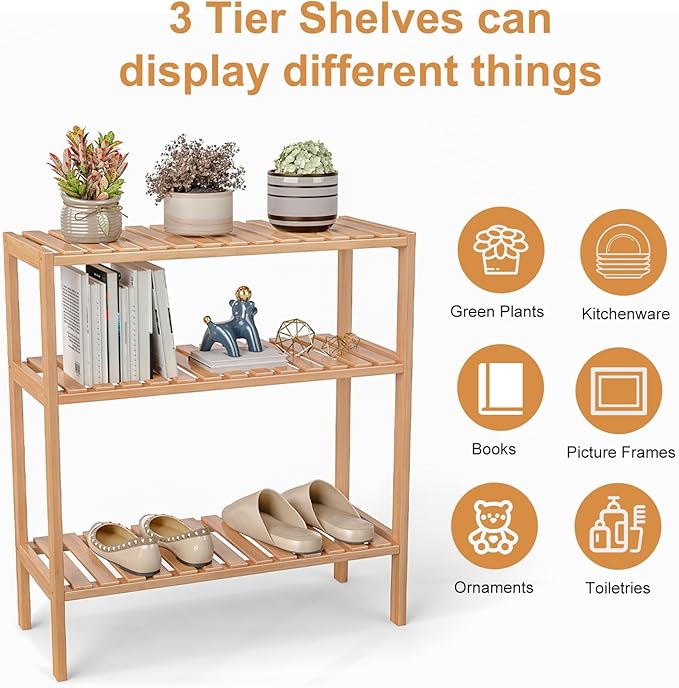 kinbor Bamboo Rack Multifunctional Bathroom Kitchen Living Room Holder Plant Flower Stand Utility Storage Shelf (3-Tier)