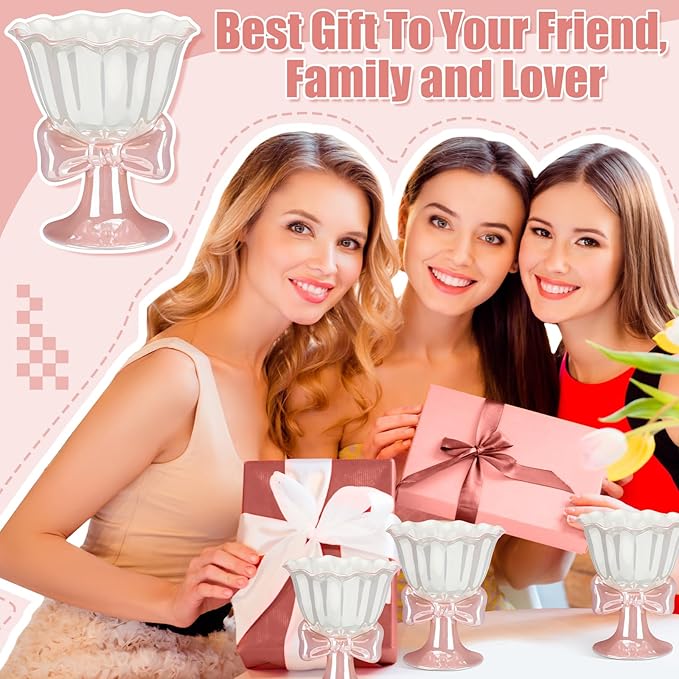 Yungyan Pink Bow Ice Cream Cup with Pearl Glaze Ceramic Bow Knot Cute Coffee Mug with Stainless Steel Pearl Spoon Coquette Stuff Preppy Aesthetic Gift Set for Women Holiday Birthday