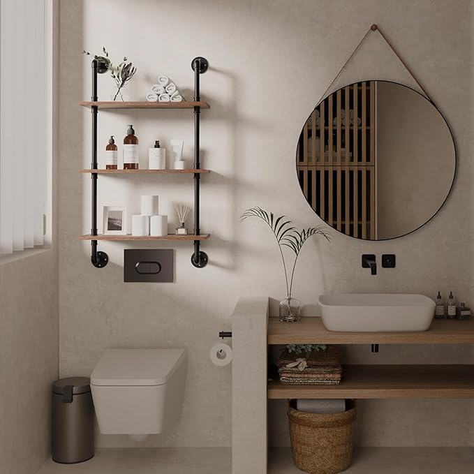 3 Tier Industrial Pipe Shelf Hanging Bookshelf,Industrial Wall Shelves Floating Shelves,Wall Mounted Rustic Wood Pipe Shelving for Kitchen Office Bathroom