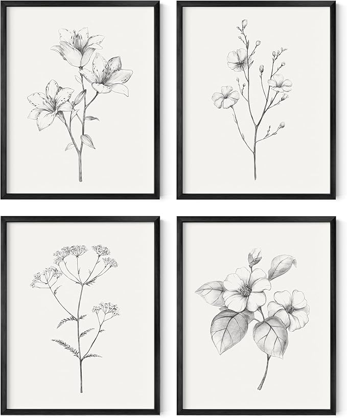 HAUS AND HUES Vintage Botanical Prints - Set of 4 Farmhouse Bedroom Wall Decor, Rustic Art for Bathroom, Farmhouse Decor Pictures for Living Room, Boho Decor (Black Aluminum Frame, 11x14)