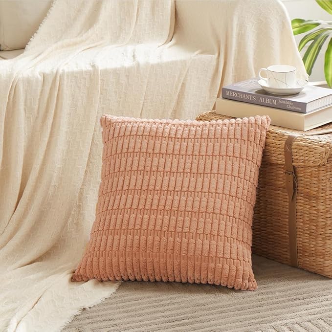 Fancy Homi 4 Packs Peach Decorative Throw Pillow Covers 24x24 Inch for Living Room Couch Bed, Rustic Modern Farmhouse Boho Home Decor, Soft Plush Corduroy Cute Square Accent Cushion Case 60x60 cm