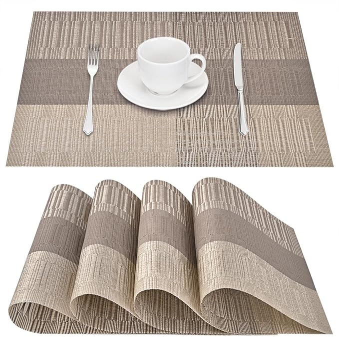 GIVERARE Placemats Set of 4, Heat-Resistant Woven Vinyl Placemat, Non-Slip Washable PVC Table Mat, Easy to Clean Premium Plastic Mats for Dining, Kitchen Table (Khaki)