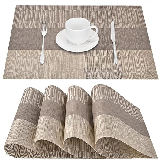 GIVERARE Placemats Set of 4, Heat-Resistant Woven Vinyl Placemat, Non-Slip Washable PVC Table Mat, Easy to Clean Premium Plastic Mats for Dining, Kitchen Table (Khaki)