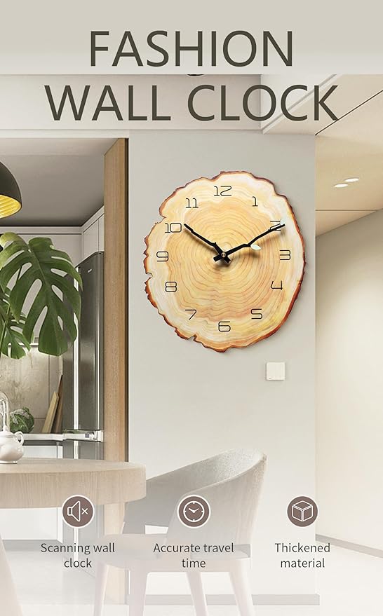 12 Inch Annual Ring Wall Clock - Wood Grain Stump Clock with Arabic Numerals - Battery Powered, Silent Quartz Movement - Decorative for Home, Living Room, Office - Size: 10.55"W x 11.88"H