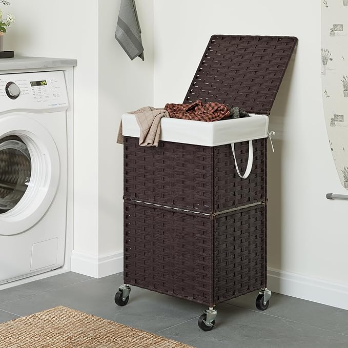 Chrislley 90L Slim Laundry Hamper with Wheels,Rolling Laundry Basket with Lid and Renovable Liner Bag,Handwoven Rattan Organizer for bedroom, bathroom, laundry room (Brown)