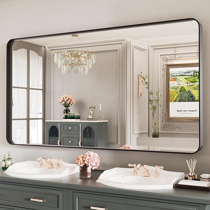 LOAAO Black Metal Framed Bathroom Mirror for Wall, Large 55X30 Inch Rounded Rectangle Mirror, Matte Black Bathroom Vanity Mirror Farmhouse, Anti-Rust, Tempered Glass, Hangs Horizontally or Vertically