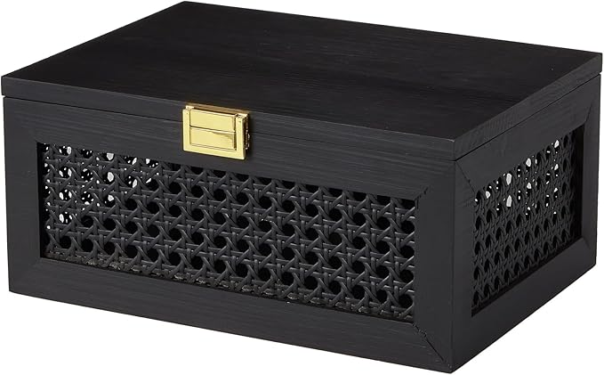 Decorative Rattan Storage Boxes Solid Wood Woven Baskets Bins with Lid Keepsake Memory Jewelry Box Natural Boho Shelf Wicker Closet Desk Organizer Container (Black, Large Size)
