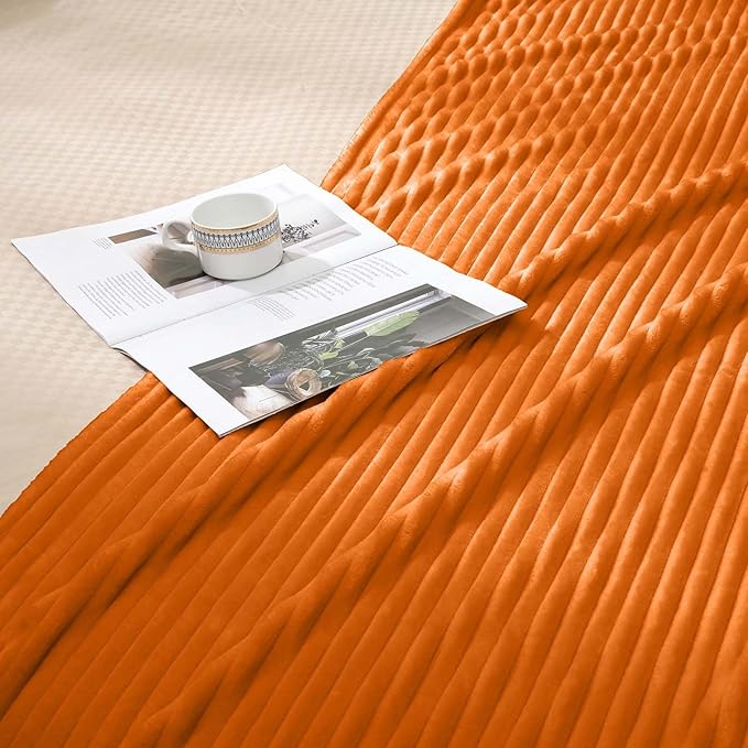 Vessia Flannel Fleece Throw Blanket, 300GSM Cozy Orange Striped Blanket for Kids and Adults, Warm and Soft Microfiber Ribbed Couch and Sofa Throw for All Season(50x40inch)