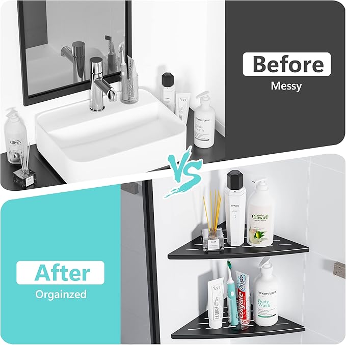 Corner Shower Shelf Matte Black, 304 Stainless Steel 11.5” Recessed Corner Shelf Bathroom for Tiled Wall, Floating Shower Shelves Shampoo Holder, No Drilling, 2 Pack