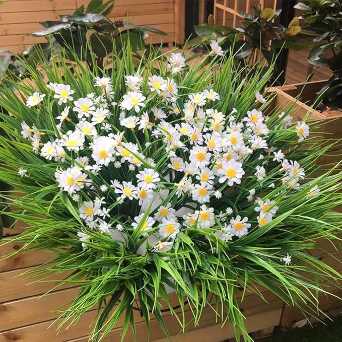 Artificial Daisies Flowers Outdoor UV Resistant 4 Bundles Fake Foliage Greenery Faux Plants Shrubs Plastic Bushes for Window Box Hanging Planter Farmhouse Indoor Outside Decor(White)