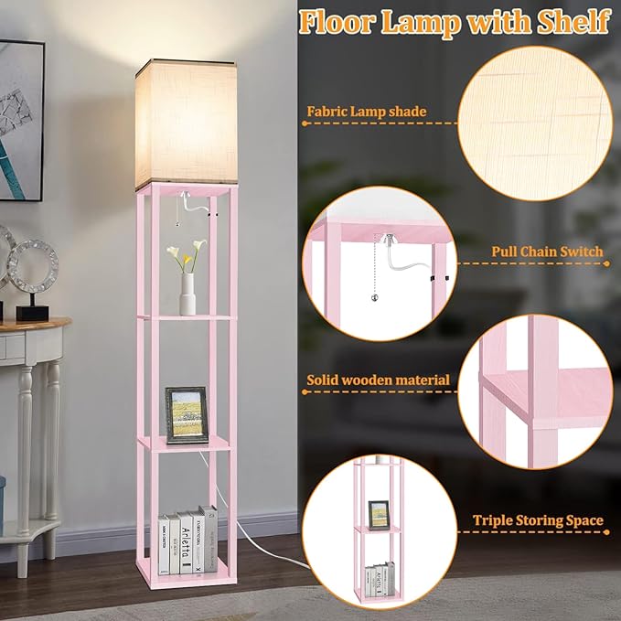Dott Arts Floor Lamp with Shelves, Floor Lamps for Living Room Decor Display Shelf Lamps with 3 Color LED Bulb, Modern Floor Lamp for Bedroom Standing Lamp for Living Room Office,Home Decor(Pink)