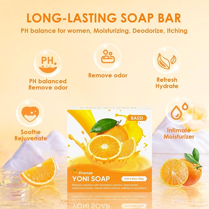 2 PCS Yoni Soap Bars Feminine Wash, 100% Natural Organic Yoni Bar Soap for Women Ph Balance Yoni Wash Eliminates Odor Moisturizing Yoni Care Soap with Foaming Net, Orange Yoni Soap 3.53 OZ
