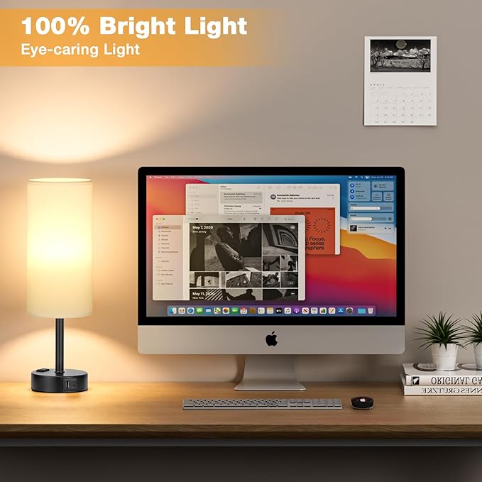 White Bedroom Lamps Set of 2-3 Way Dimmable Touch Table Lamps with USB C and A Ports, Bedside Lamps for Nightstand with AC Outlet, Small Desk Lamps with Black Base for Office Hotel