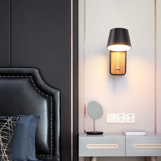 Modern Wall Lamp with Plug in Cord for Bedrooms Hallway Living Room, Indoor Contemporary Mounted Lighting Fixture,Nordic Bedside Rotatable Reading Lights, Up Down Black Wooden Sconces with Switch