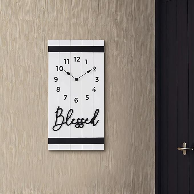 Young's Inc Wood Block Home Wall Clock and Sign, Wall Art for Living Room Decor, Farmhouse, Wall Decor, Battery Operated Clock, Set of 4