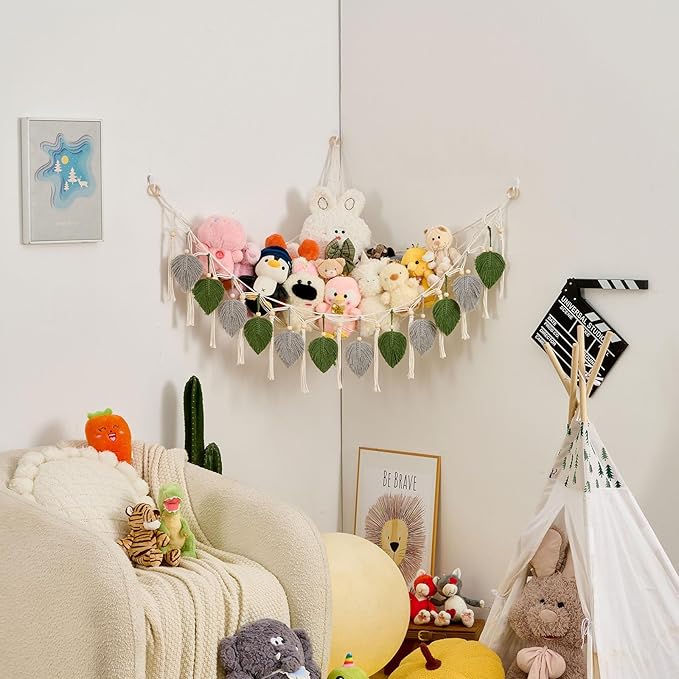 Pretty Jolly Macrame Leaf Wall Hanging Storage Hammock, 59" Boho Corner Organizer with Tassels, Stuffed Animal Plush Holder for Kids Room Nursery Decor (Avocado Green & Light Grey)