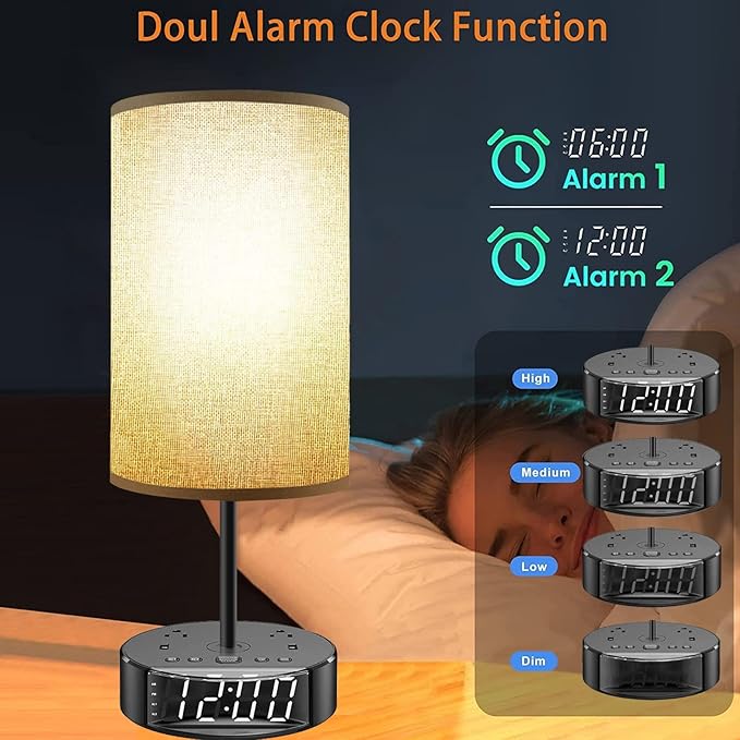 Table Lamp - Bedside Lamp with USB Ports and Outlets, Bedroom Lamp with Alarm Clock Base, 3-Way Dimmable Modern Nightstand Lamps with Round Fabric Lampshade,Touch Lamp for Bedroom Living Room Home