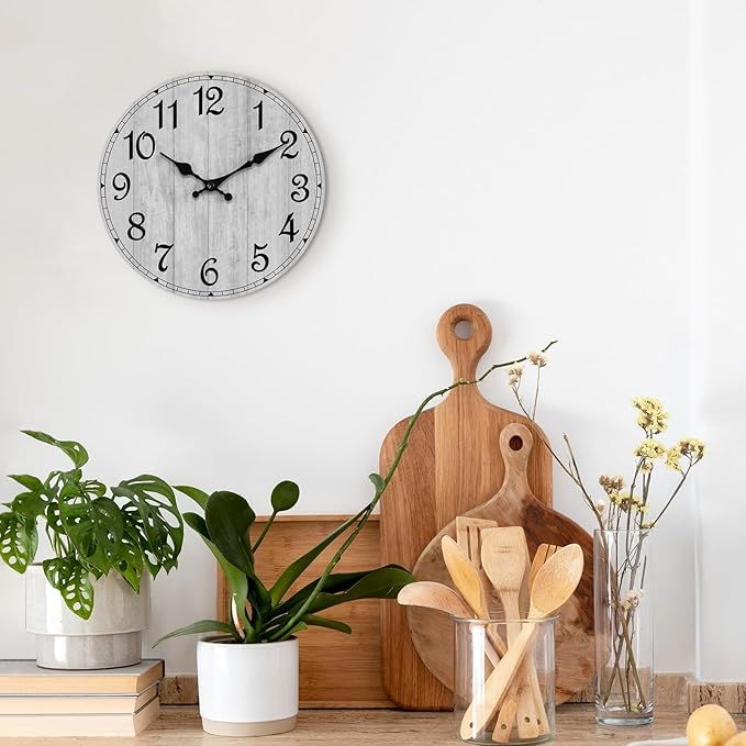 HYLANDA Wall Clock, 10 Inch Wall Clocks Battery Operated Silent Non Ticking, Country Wooden Clocks Farmhous Clock for Bathroom, Living Room, Kitchen, Bedrooms (Gray)