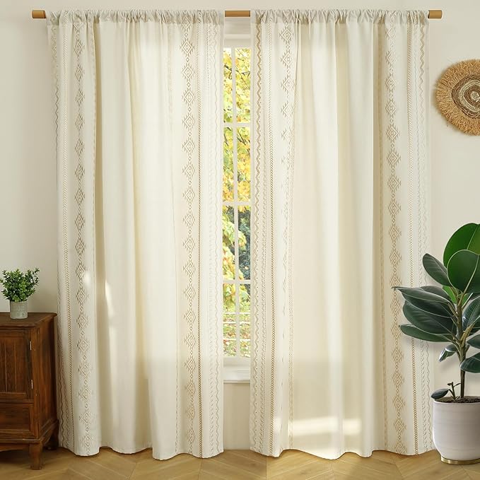 ColorBird Boho Curtains Embroidered Light Filtering Rod Pockets Farmhouse Western Beige Curtain 63 inch Length 2 Panels Set Drapes for Living Room Bedroom