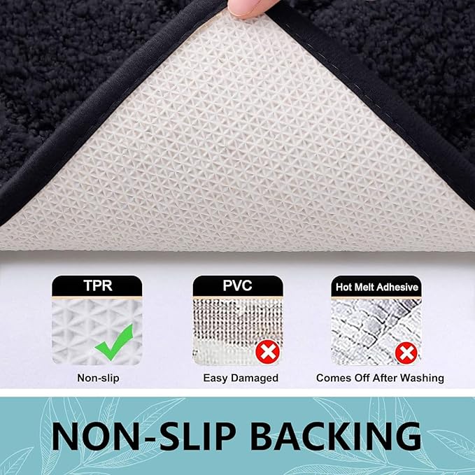 Buganda Bathroom Rugs, 24" x 16", Soft and Absorbent Microfiber Bath Rugs, Non-Slip Shaggy Shower Carpet, Machine Wash Dry Bath Mats for Bathroom Floor, Tub and Shower, Black