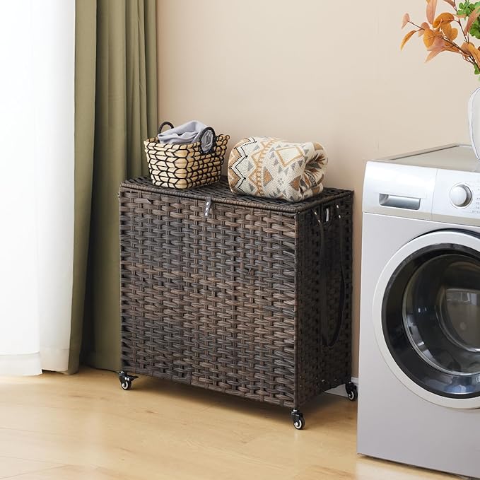 Laundry Hamper with Wheels, 39.6 Gallon(150L) Rolling Laundry Basket with Lid, 3-Section Rattan Clothes Hamper with 3 Removable Liner & 3 Mesh Bags, Laundry Sorter with Side Pocket, Brown