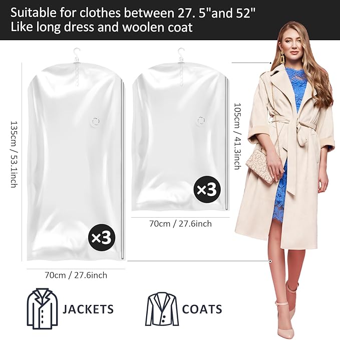Hanging Vacuum Storage Bags, 6 Pack Large Hanging Space Saver Bags, Vacuum Sealed for Clothes Suits Dress Jackets for Moving Supplies(3 Long, 3 Short)