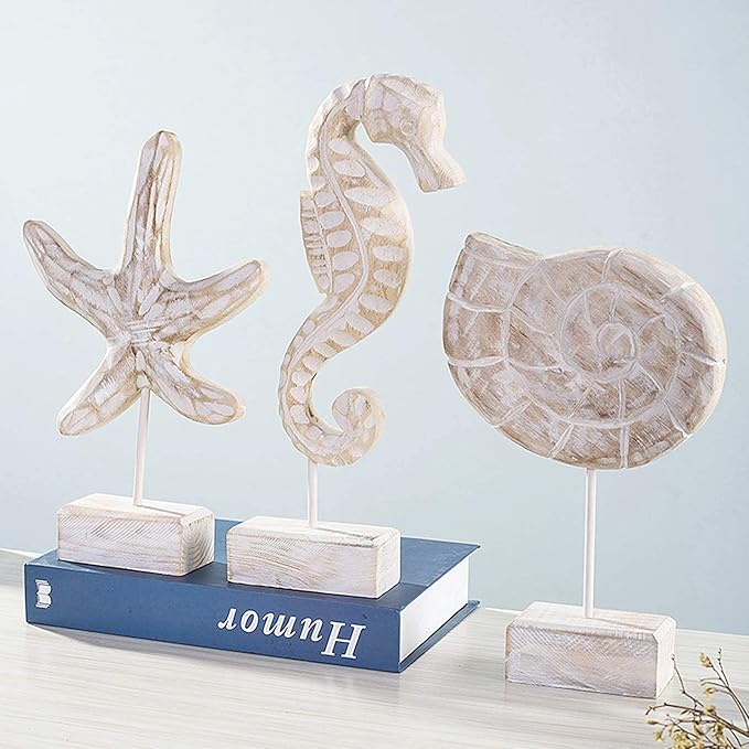 3Pcs Modern Wood Sculpture Home Decor Statue Starfish Conch Seahorse Figurines Beach Nautical Style Table Sculptures Home Decor