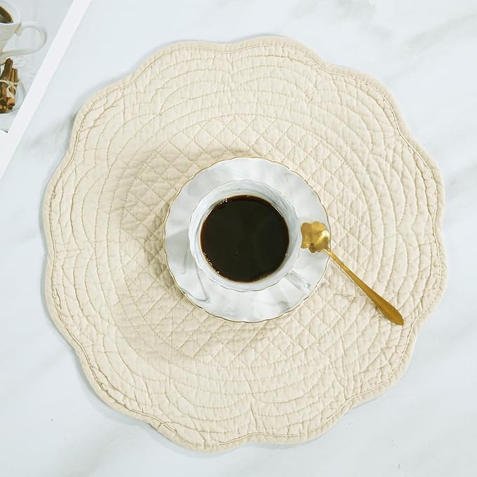 HOMBYS Quilted Placemats Set of 6 Washable Round Placemats for Kitchen Table-100% Cotton Fabric 15 Inch Round Table Mats, Cotton Fabric with Microfiber Filling, (15"x15", Flax)