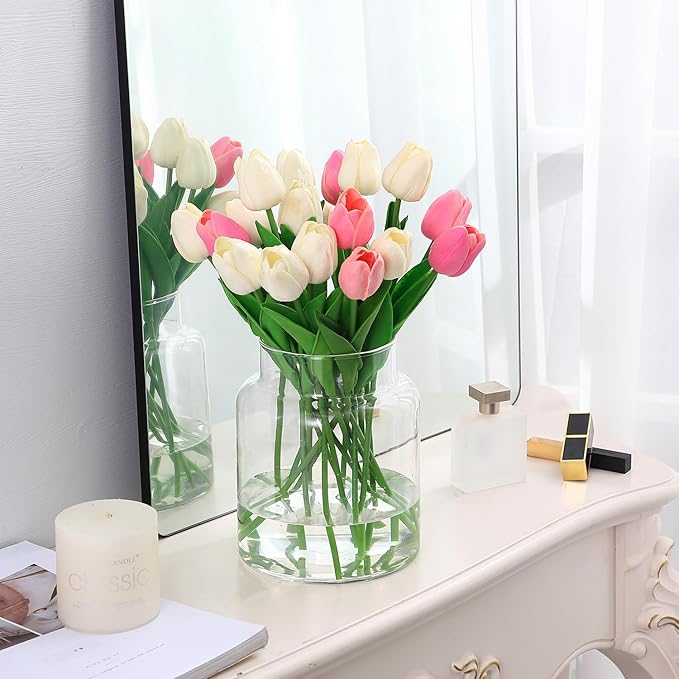 Large Glass Vase, 7 Inch Flower Vase, Glass Flower Vase for Bouquet, Clear Vase, Tall Vase, Wide Mouth Vase for Flowers, Large Vase for Home, Wedding, Living Room, Office Decor