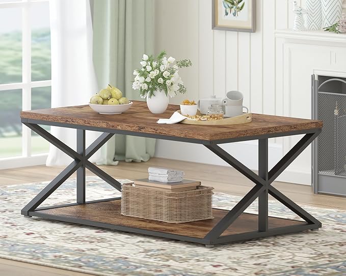 Coffee Table with Storage, Farmhouse Living Room Table, Modern Minimalist Rectangle Center Table, Industrial Vintage Wood Tea Table, 39 Inch, Rustic Brown