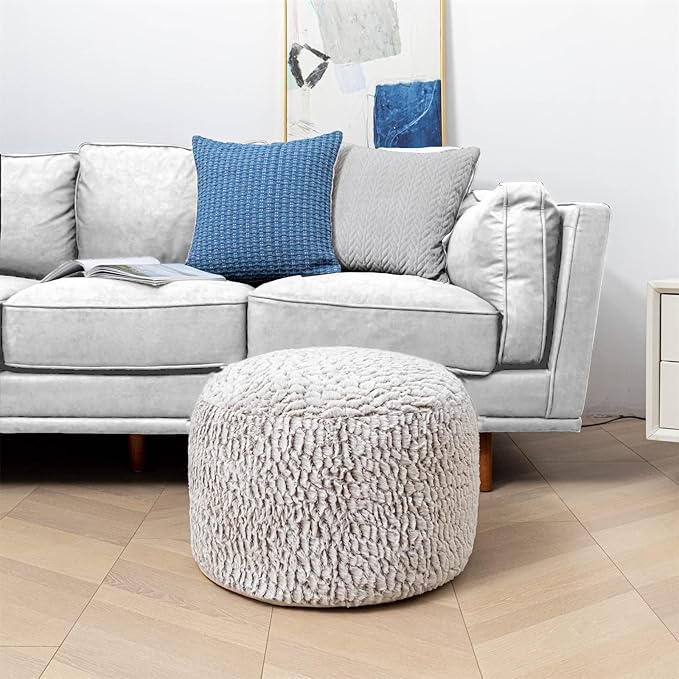 Asuprui Pouf Ottoman Stuffed Round Poof Ottoman Seat Foot Stool with Filler 20x20x12 Inches Fuzzy Chair Floor Pouf Chair Foot Rest with Storage for Living Room Bedroom Snow Coffee Pouf with Filler