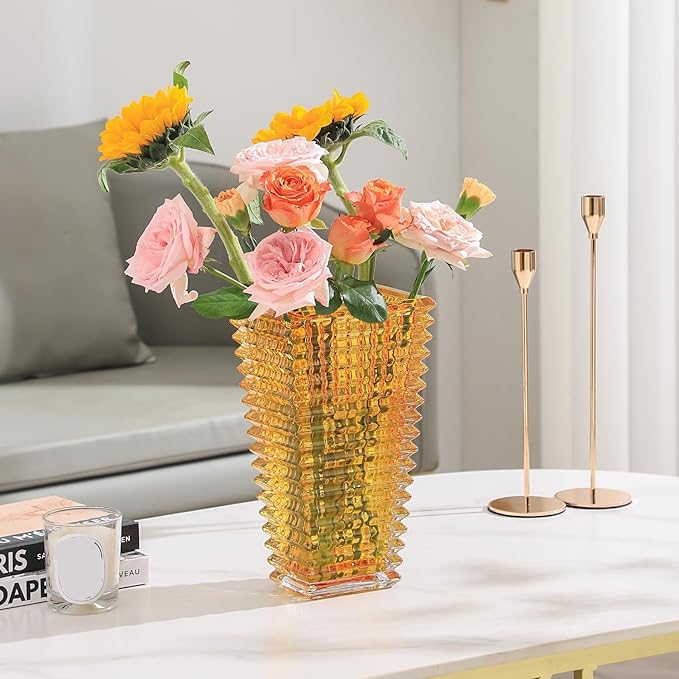 MCMCNCUIU Crystal Vase, Large Crystal Vases for Flowers, Large Flower Vase, Modern Amber Vases for Living Room, Bedroom, Kitchen, Dining Table, Mantle, Wedding, 11 Inches