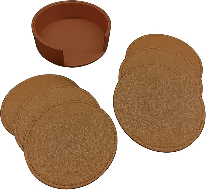 Coasters Set of 6 Soft Leather Drink Coaster Round Coaster with Sewing Around, Suitable for Various Cups, Wooden Tables,Home Decoration,4 Inches(Brown)