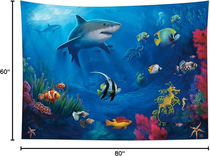 HVEST Blue Ocean Shark Tapestry Tropical Fish and Coral in Undersea World Tapestry Wall Hanging Sea Nature Landscape Wall Art for Bedroom Living Room Kids Tree Dorm Party Decor, 80W X 60H inches