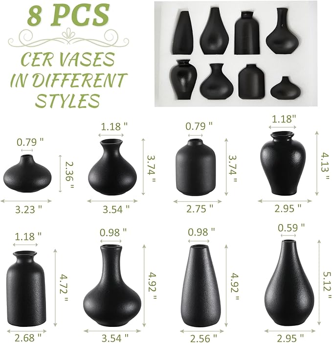 Small Black Vases Set of 8 - Mini Ceramic Bud Vases for Flowers, Pampas Grass, Rustic and Modern Home Decor, Perfect for Living Room, Table Centerpieces, Black Vases Home Decor, Bathroom Decor