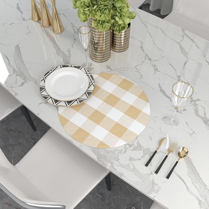 Beige & White Round Placemat Cotton Buffalo Check Plaid Gingham 15 Inch eco-Friendly Fabric Handcrafted Machine Washable Indoor & Outdoor Tablemat Set of 4