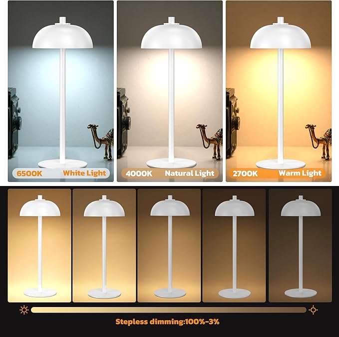 2 Pack Cordless Table Lamp, 5000mAh Portable Rechargeable Table Lamp, 3 Color Modes Stepless Dimming Table Light with Memory Function, for Dinner, Patio, Home, Restaurant.(White)
