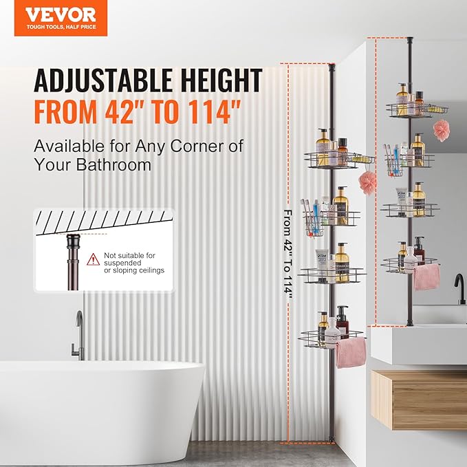 VEVOR Shower Corner Caddy Tension Pole, 42" to 114" High, Multi-Functional Shower Tension Pole with Strong Load-Bearing Tray, Rust-Proof Easy-to-Install, Fit for Bathroom & Washroom
